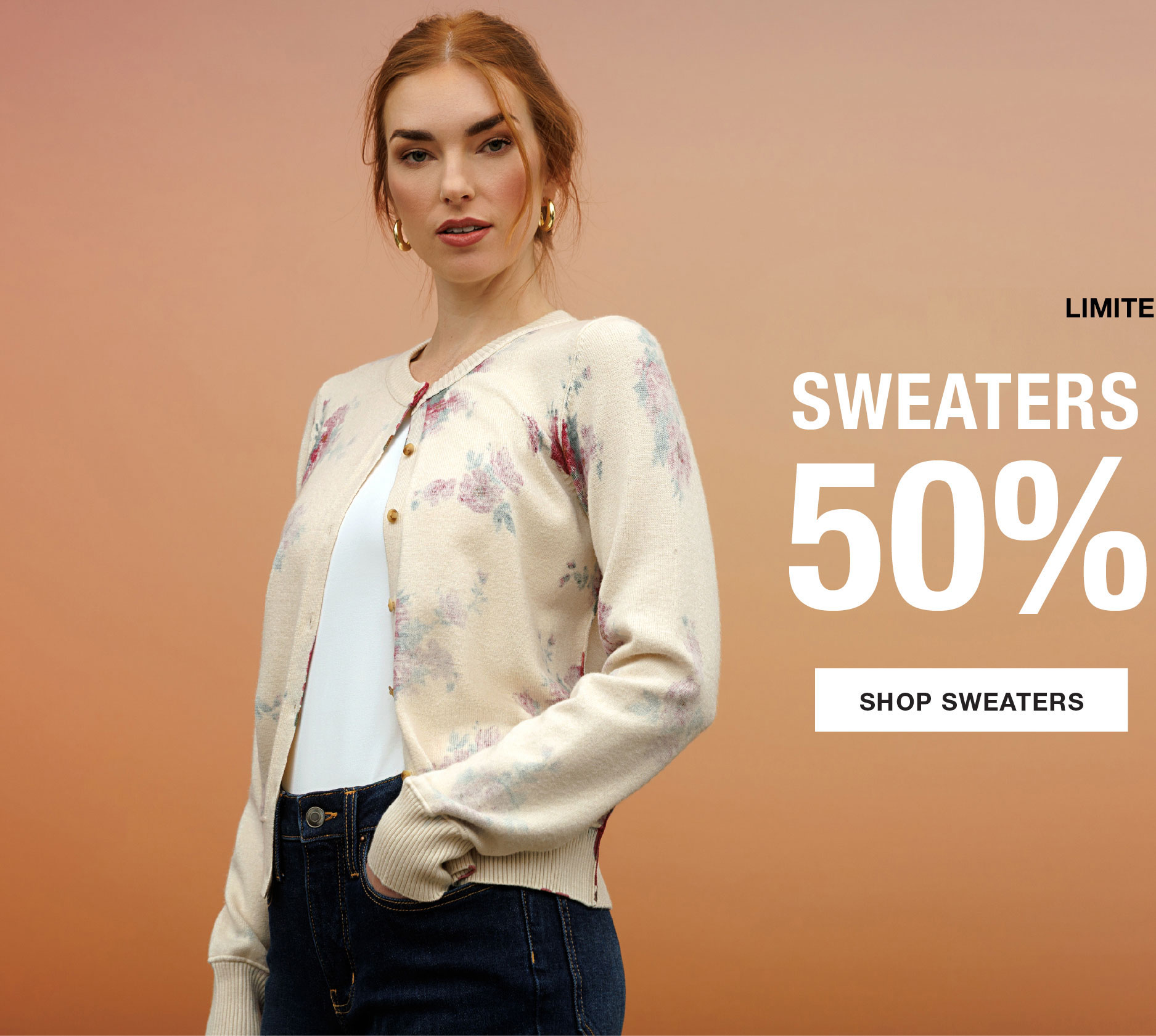 Model wearing a sweater with a promotional discount for sweaters.