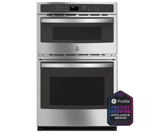 A stainless steel double oven with a brand logo.