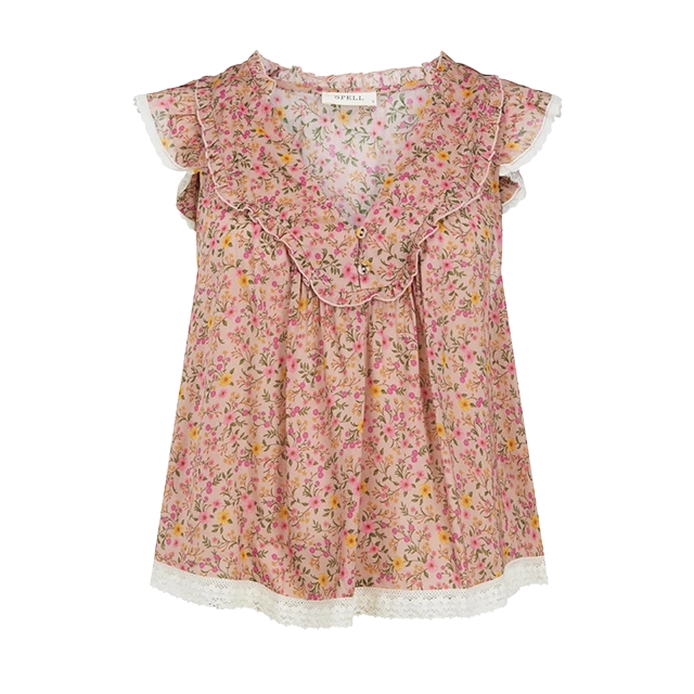 Floral patterned blouse with ruffled sleeves and a v-neckline.