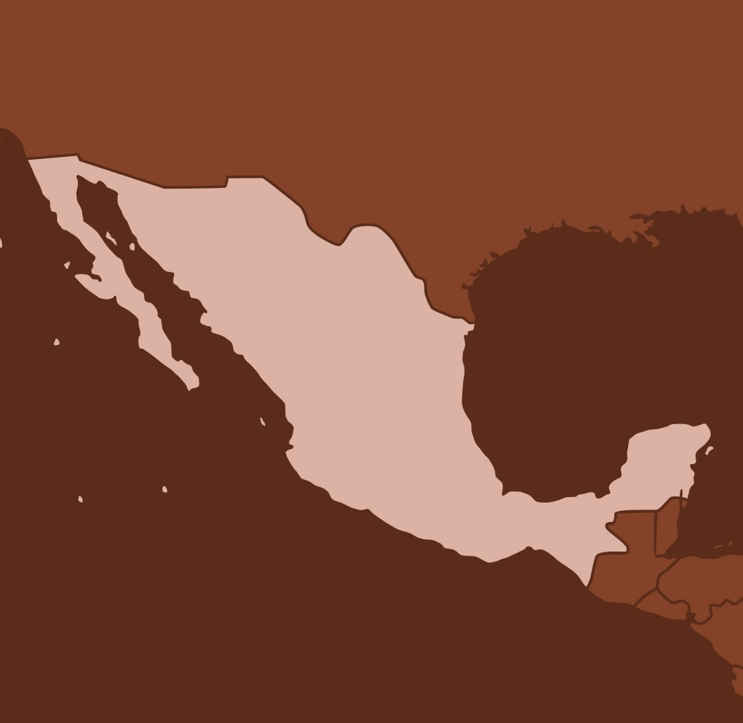Map of Mexico highlighted in light pink on a brown background.