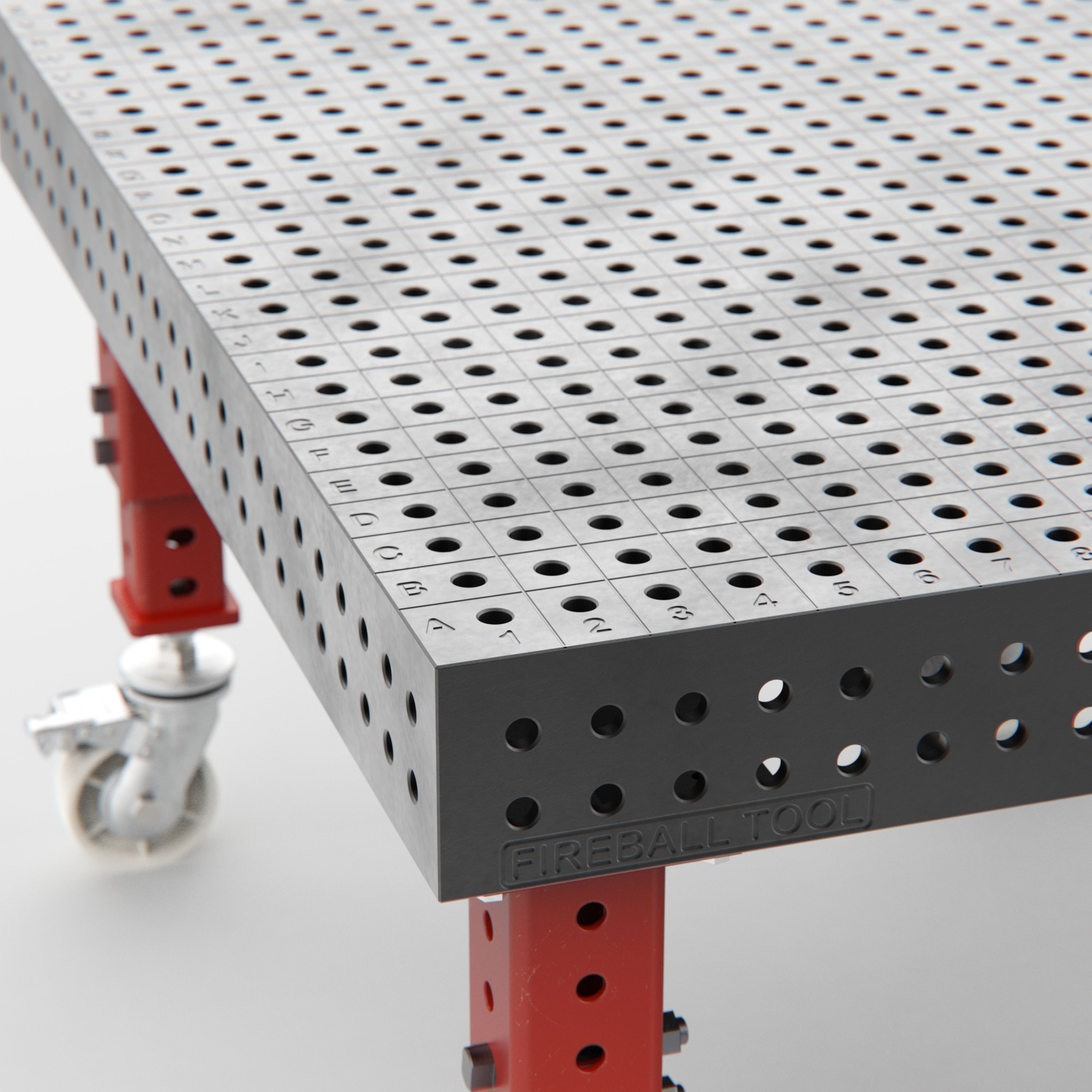 Metal workbench with perforated surface and red legs on wheels.