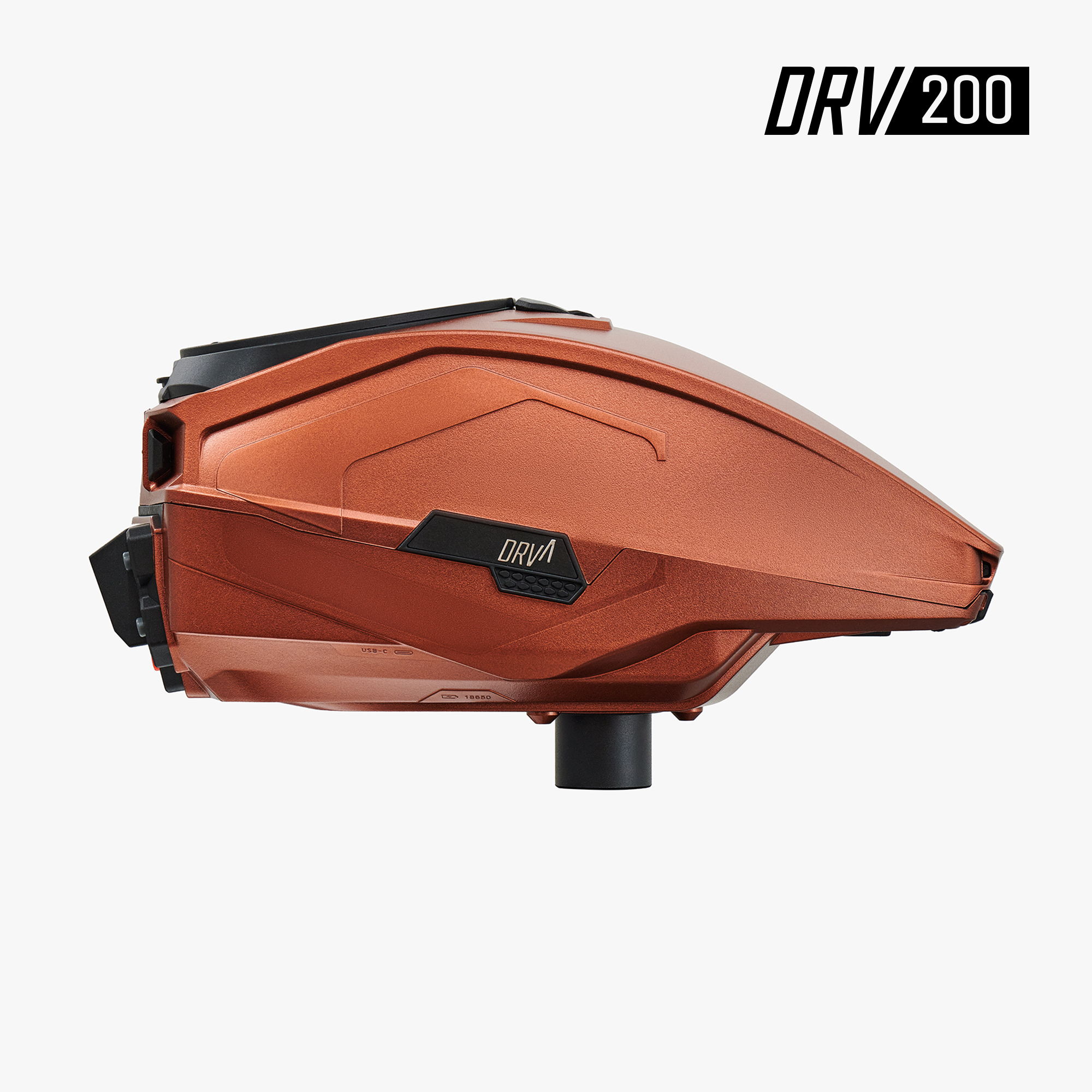 Bronze paintball loader with a sleek design and DRV 200 branding.