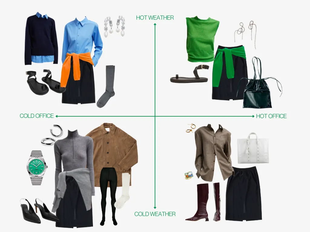 Fashion outfit combinations categorized by style and season.