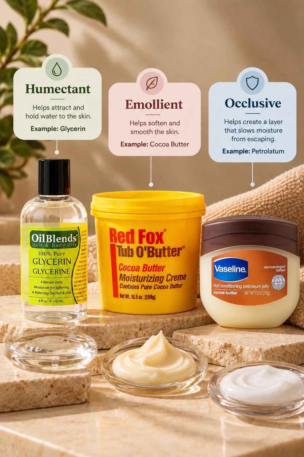 Skincare products demonstrating humectant, emollient, and occlusive properties with examples.