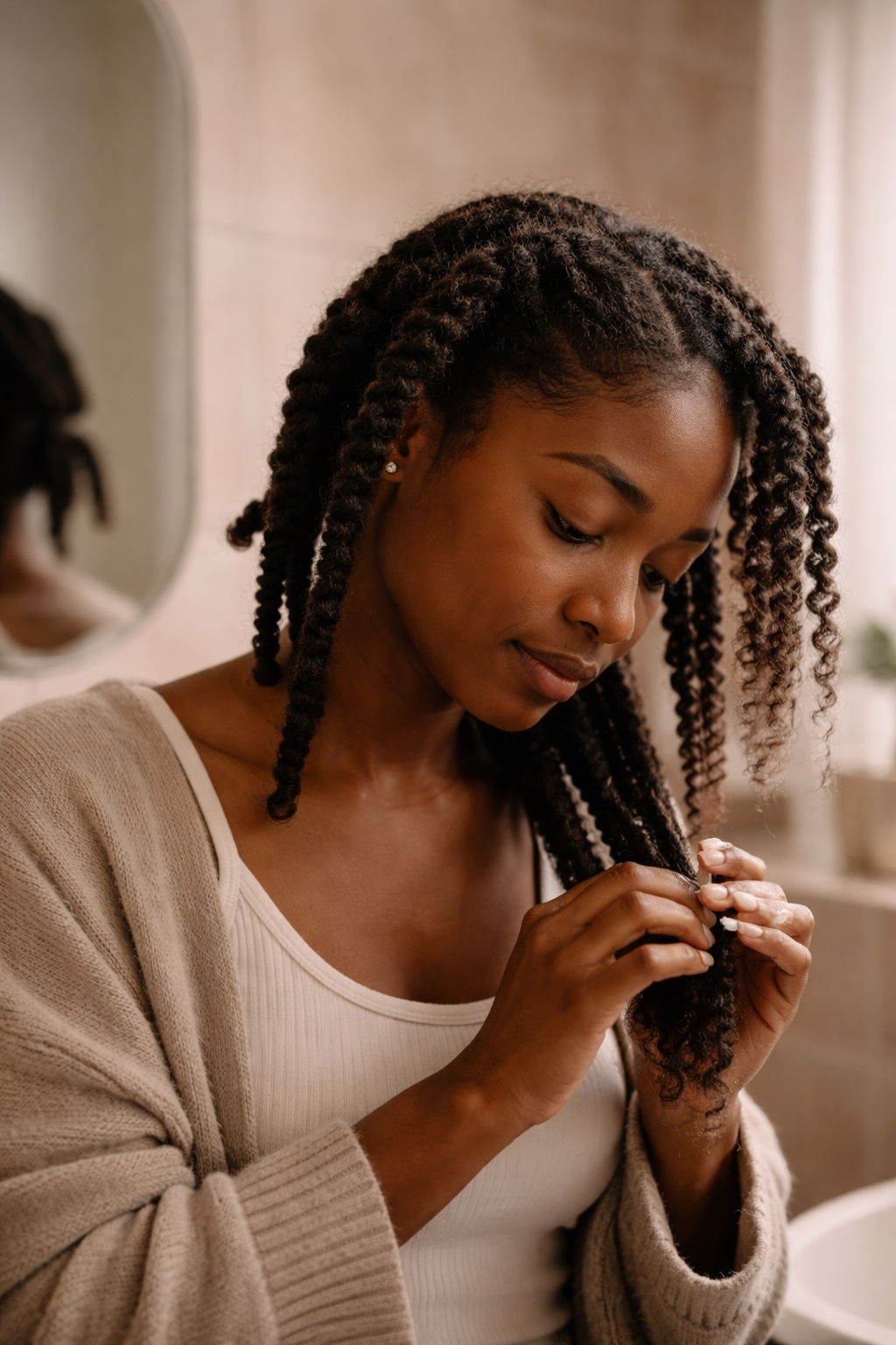 Woman with curly hair styling her hair in a bathroom.