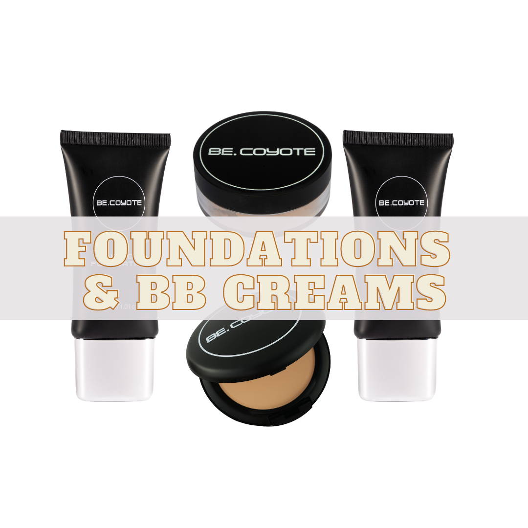Foundations and BB Creams. Image is liquid foundation, loose mineral foundation, bb cream and pressed foundation