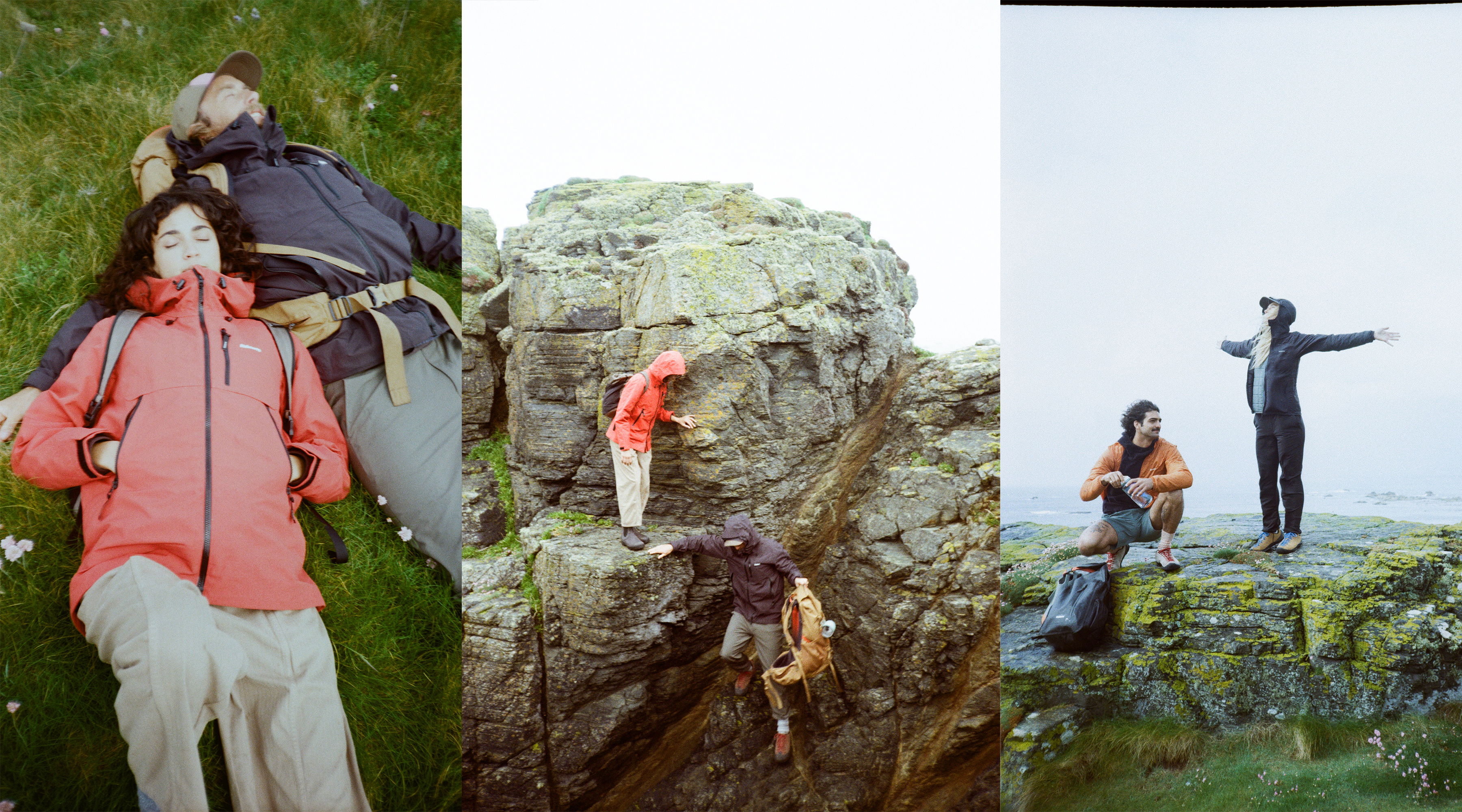 Three outdoor scenes of people enjoying nature and climbing rocks.