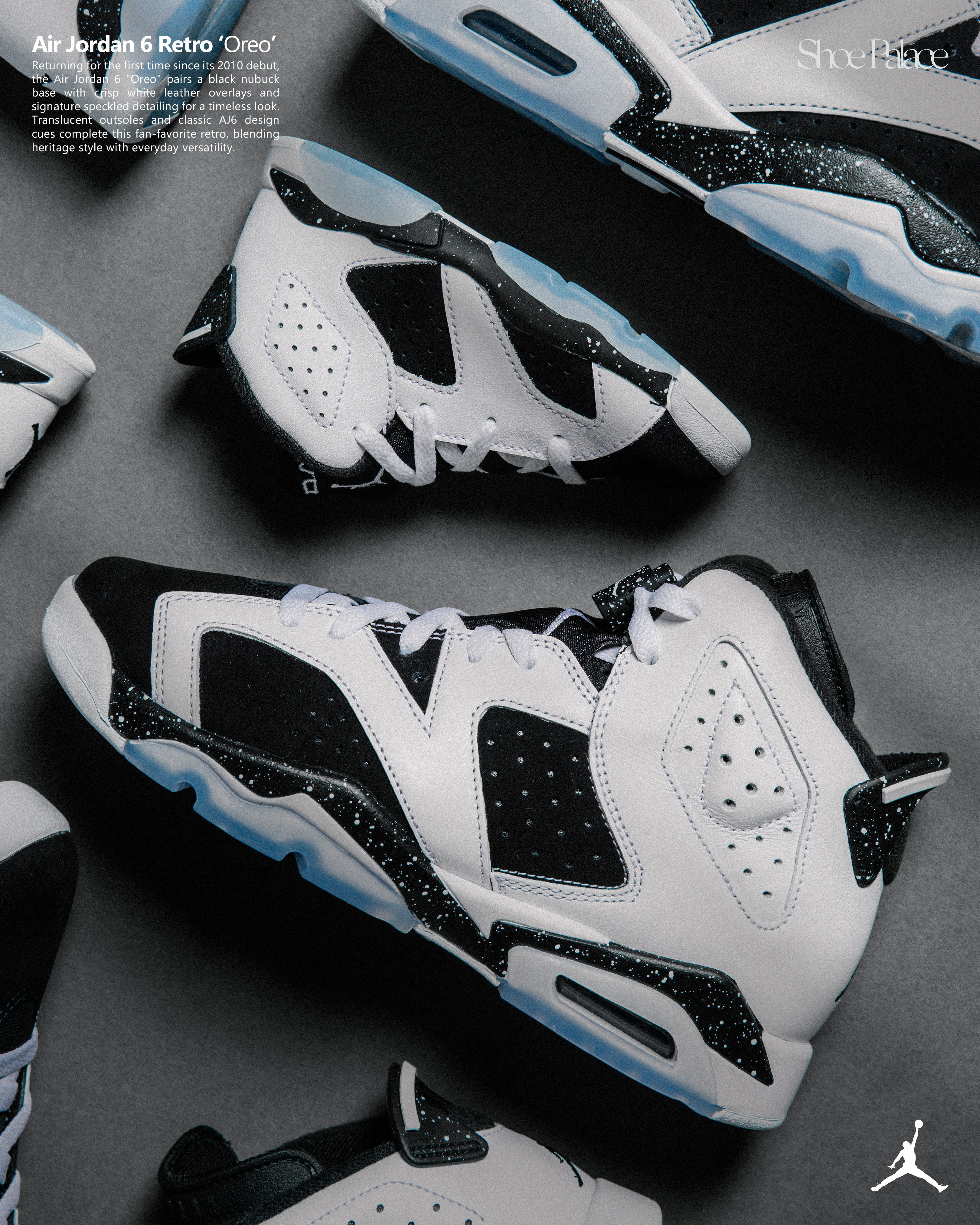 Air Jordan 6 sneakers in black, white, and blue on a gray background.