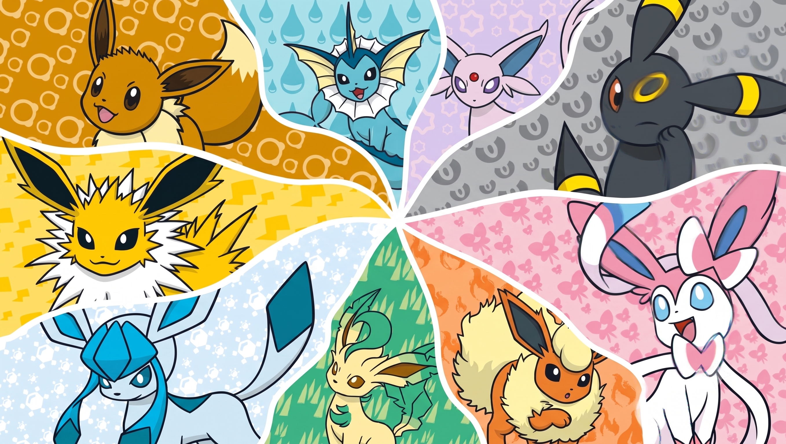 pokemon eeveelution cards - A collage of various Eevee evolutions in colorful backgrounds.