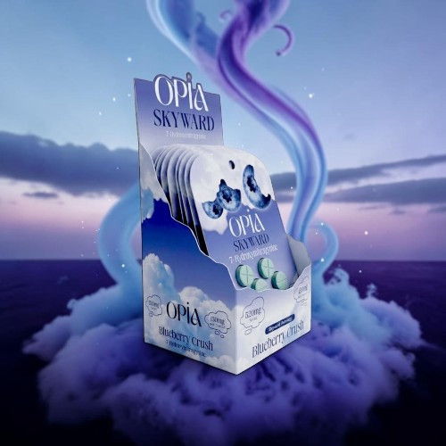 Packaging of Opal Skyward product against a colorful, cloud-filled background.