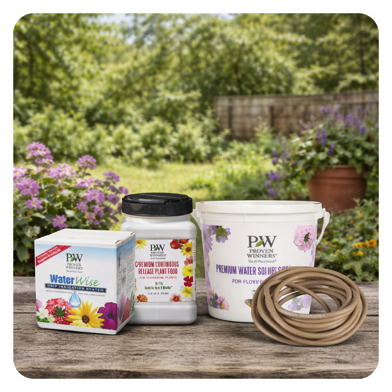 Proven winners supplies on a table consisting of proven winners water wise, fertilizer, and tubing
