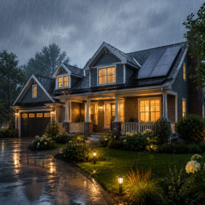 A cozy house illuminated during a rainy evening.
