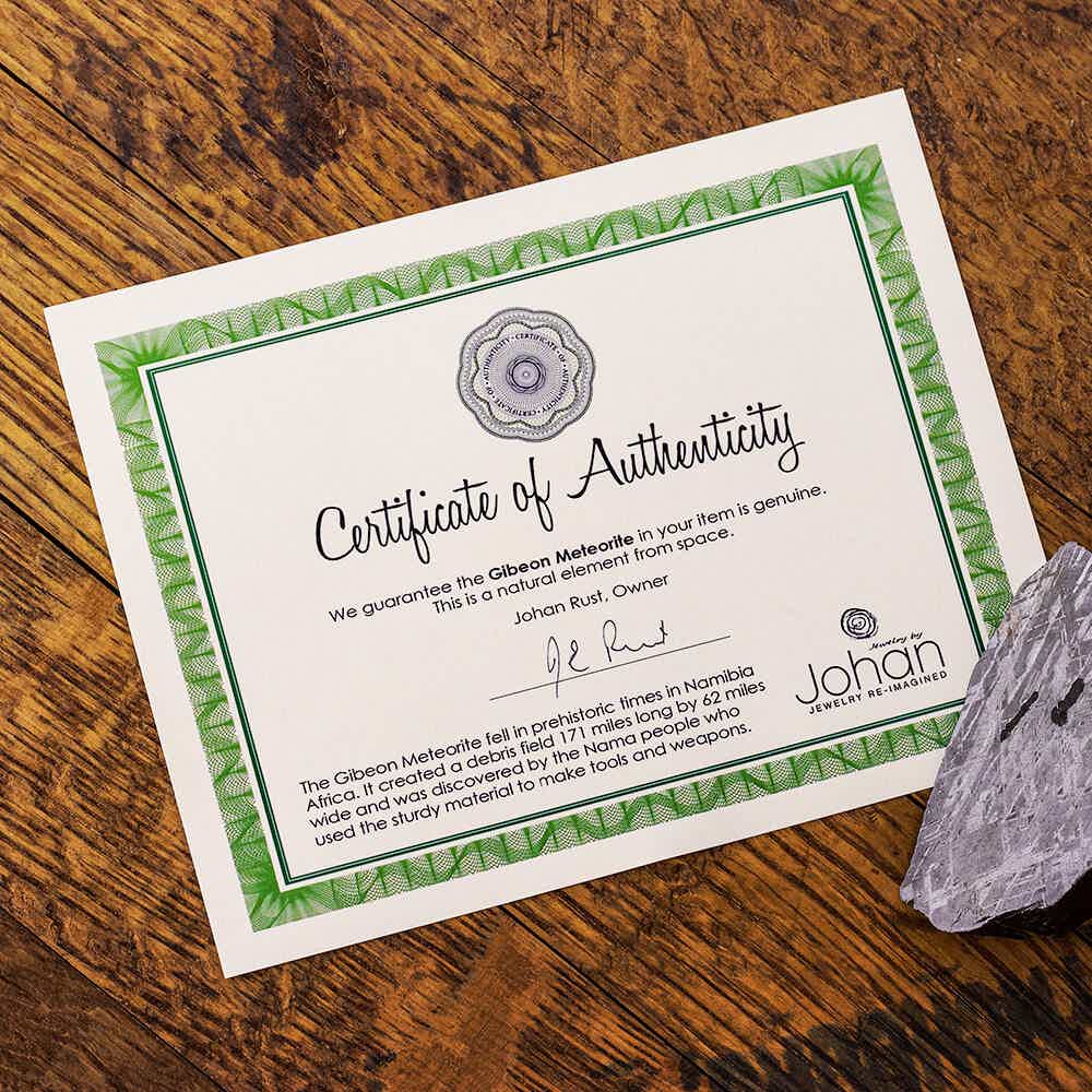 Meteorite Certificate of Authenticity from Jewelry by Johan