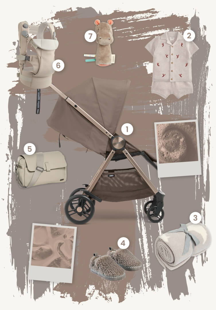 Timeless Edit Moodboard of baby items including Libro stroller in Oyster, clothing, and accessories.