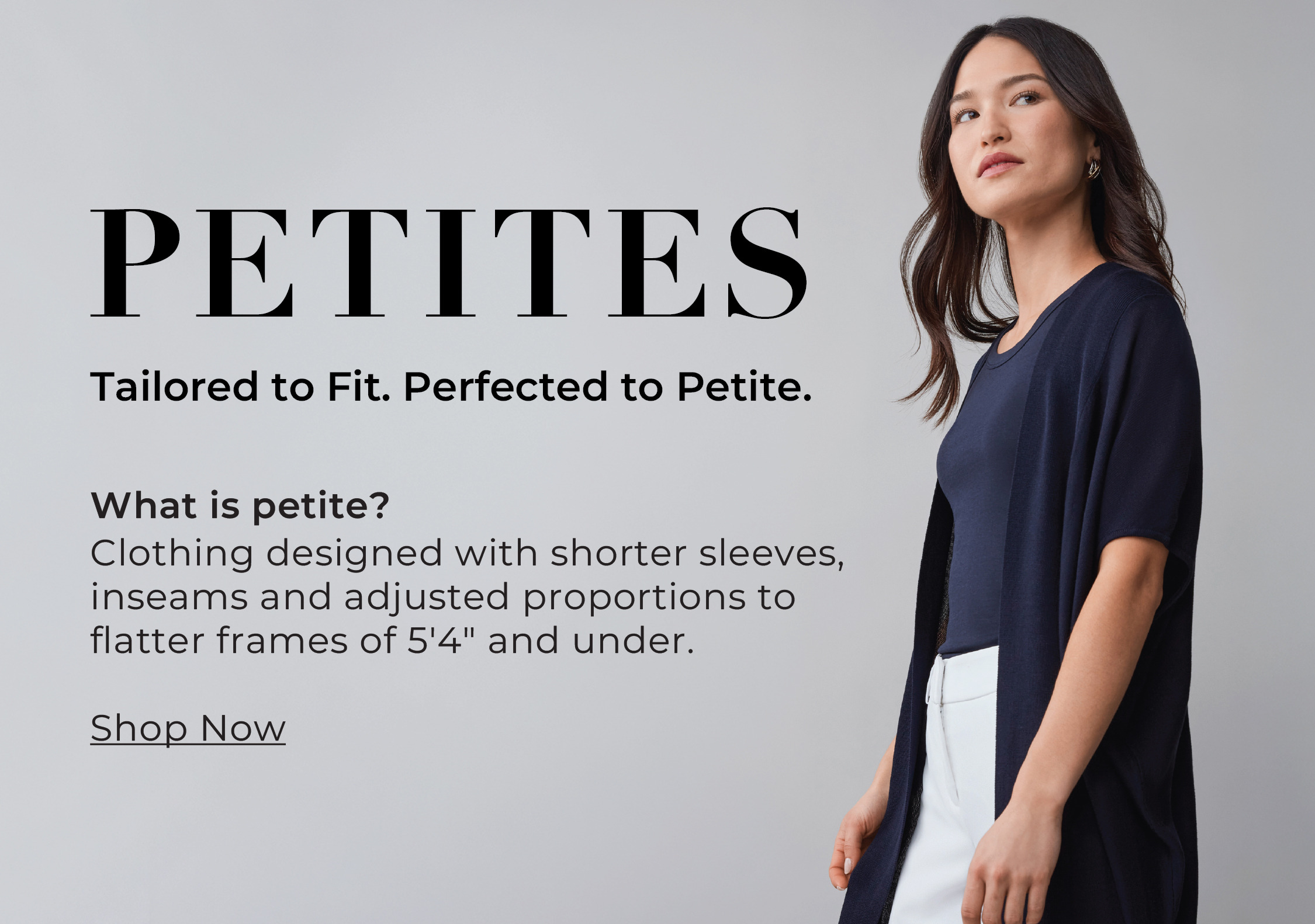 Model showcasing petite clothing with text explaining petite sizing.