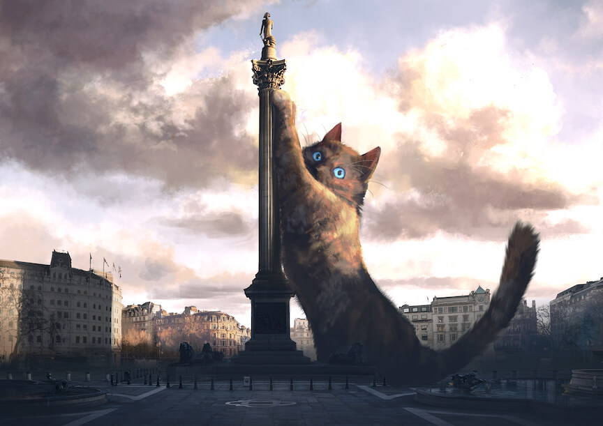 A giant tortie cat does what cats do in Trafalgar Square - reaching for a scratch where it shouldn't - in this case against Nelson's column