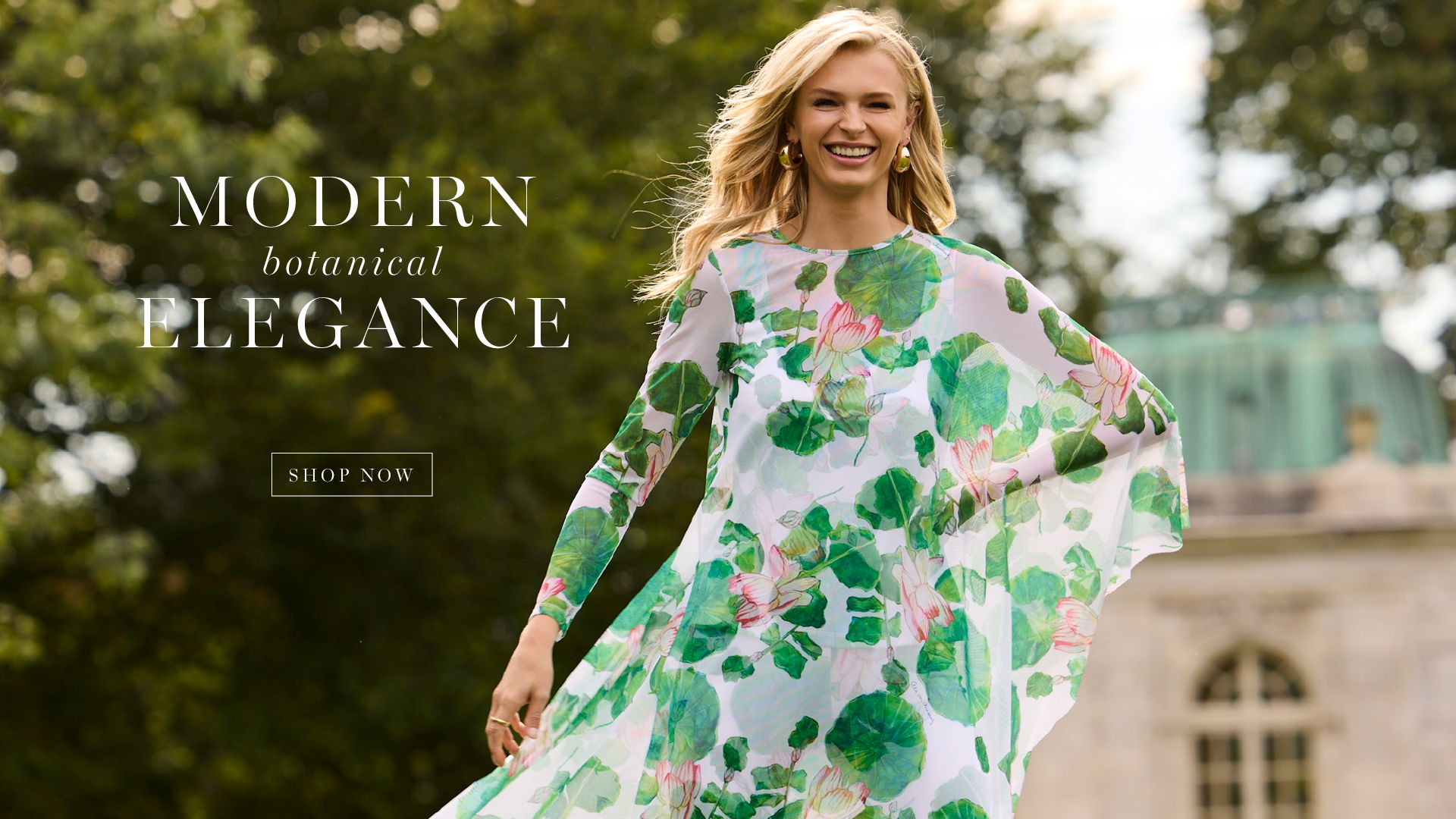 Woman in a floral dress outdoors, promoting modern elegance.