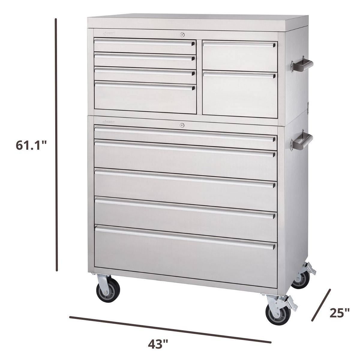 61 inches tall by 43 inches wide by 25 inches deep tool chest