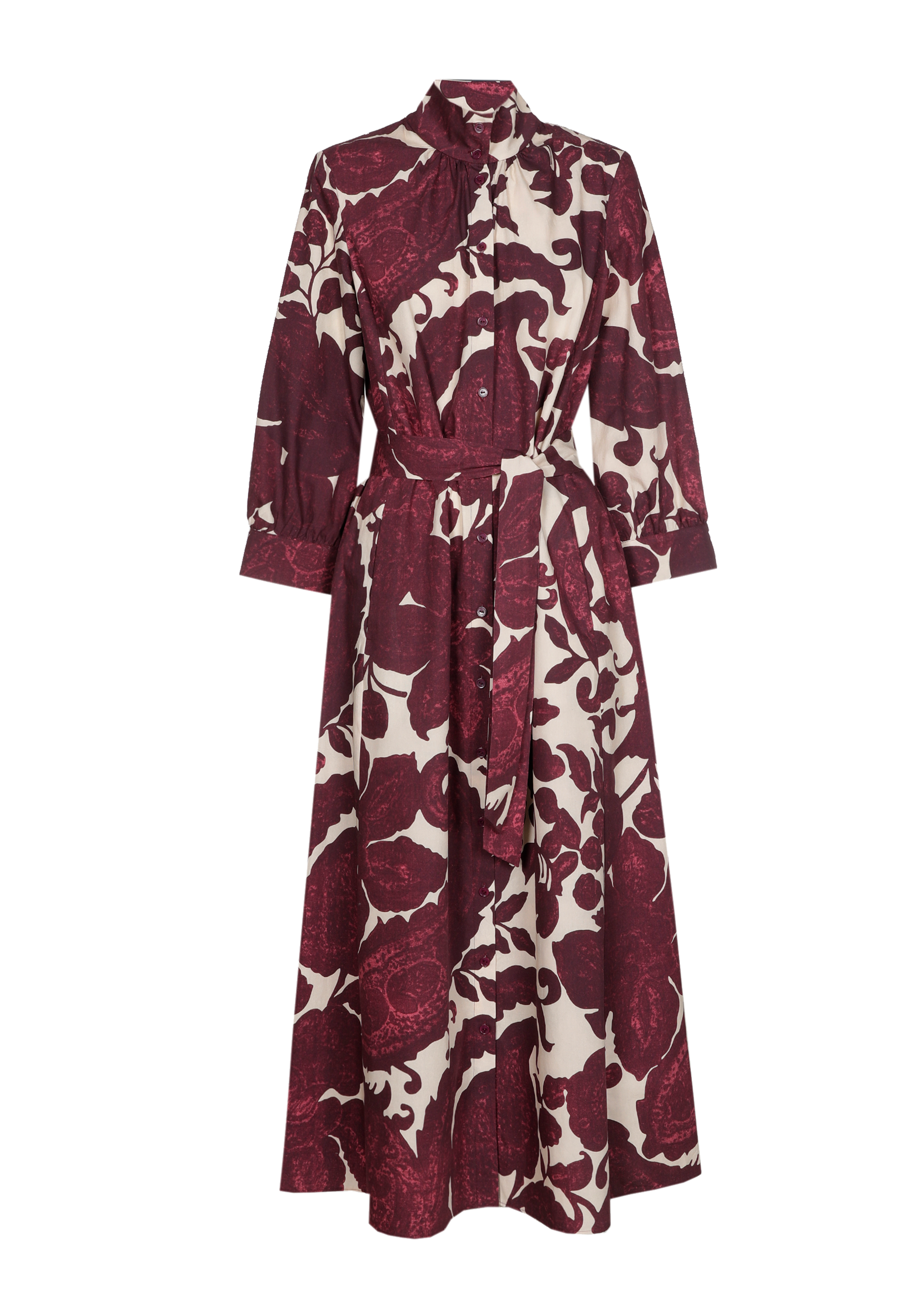 Long burgundy dress with floral pattern and belted waist.