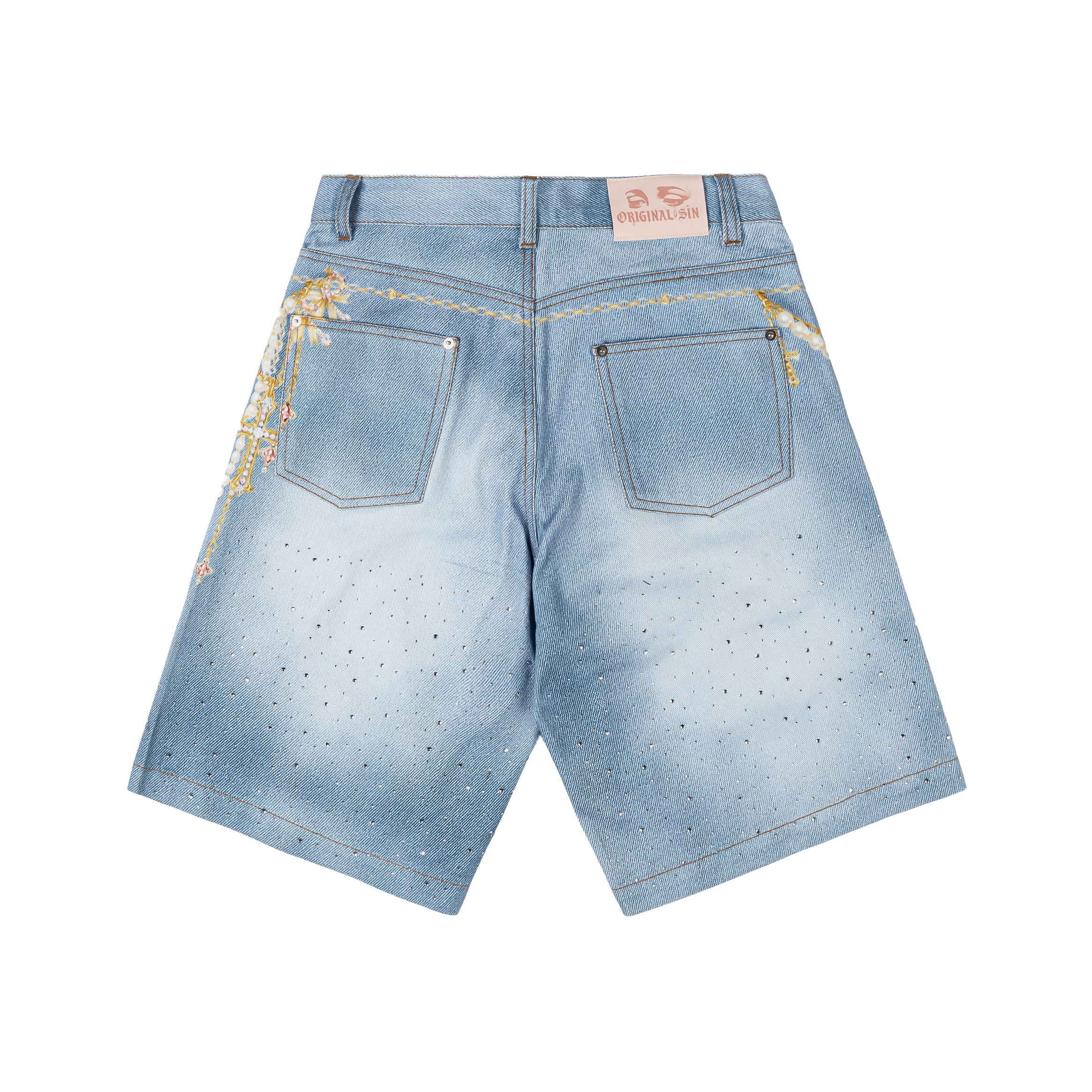 Denim shorts with decorative chains and a cross design.