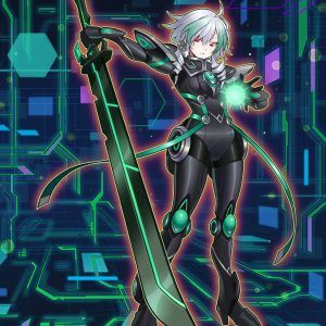 Futuristic character in black suit wielding a glowing sword in a digital background.