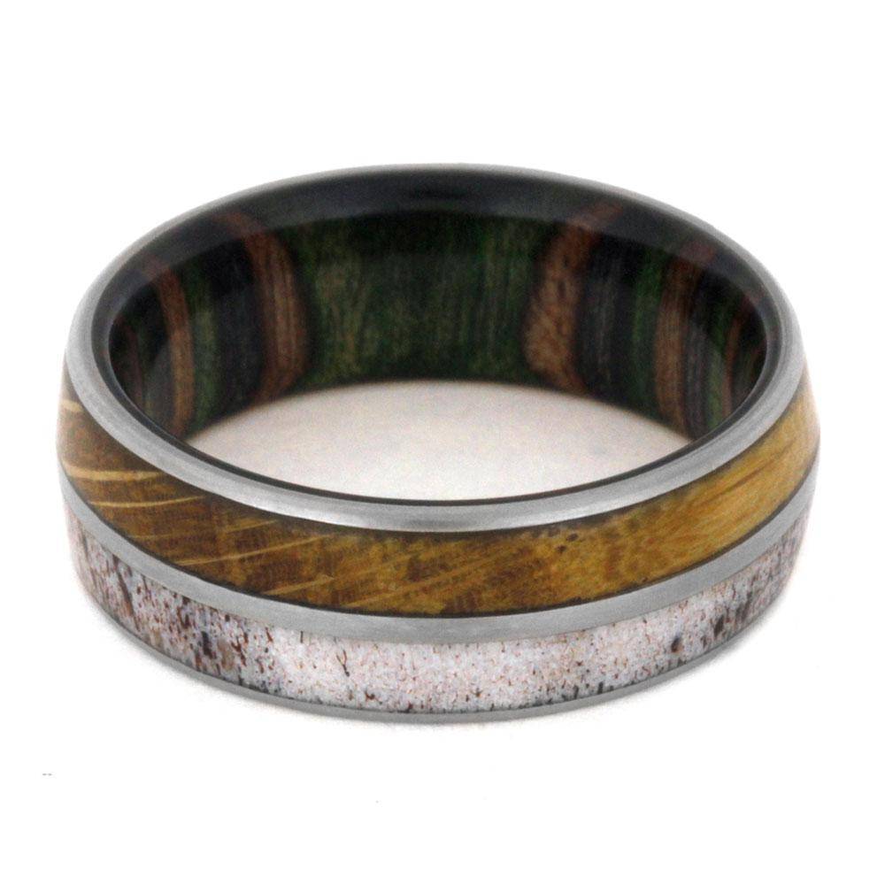 TITANIUM WEDDING BAND WITH EXOTIC WOODS AND ANTLER
