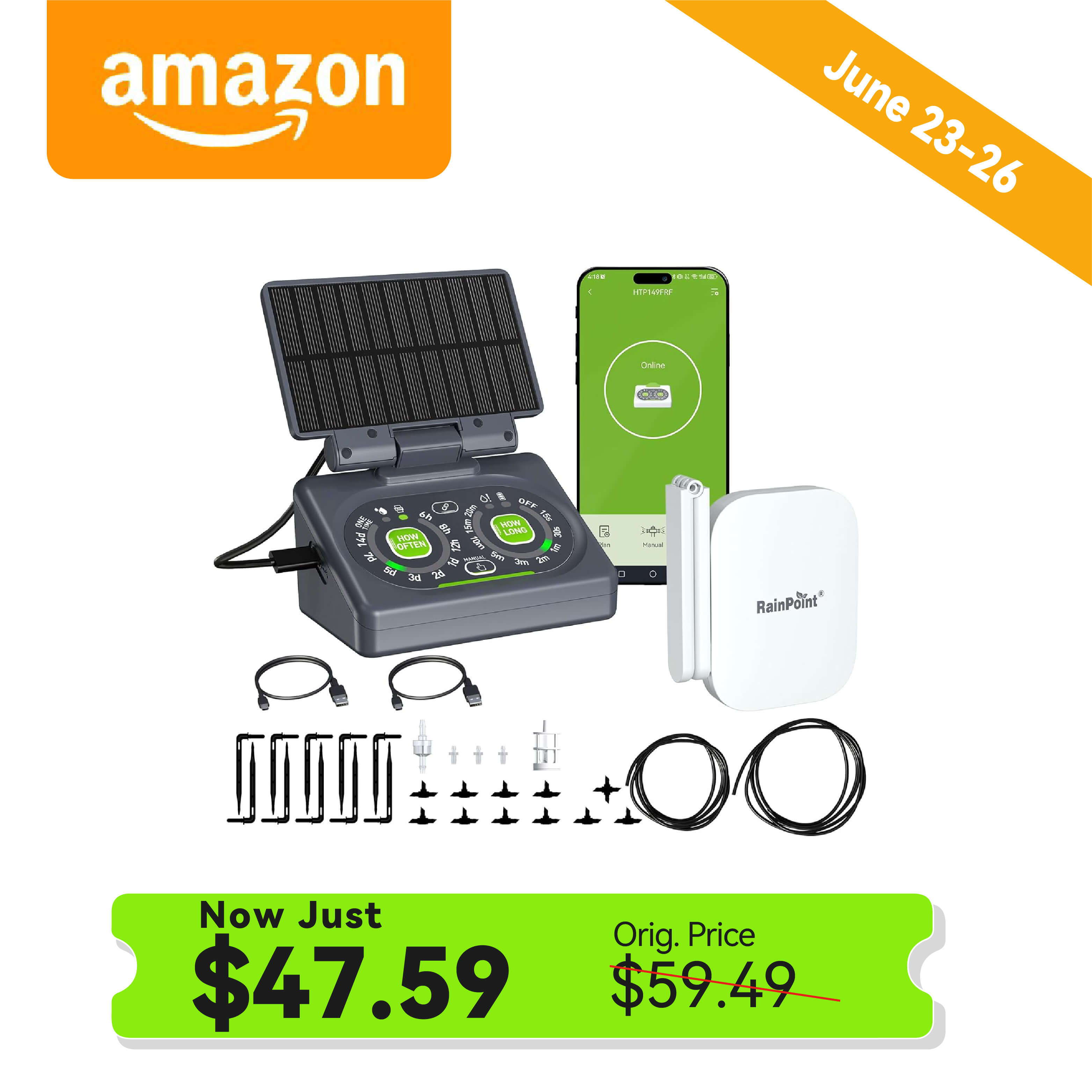 Solar-powered device with price, accessories, and promotional details.