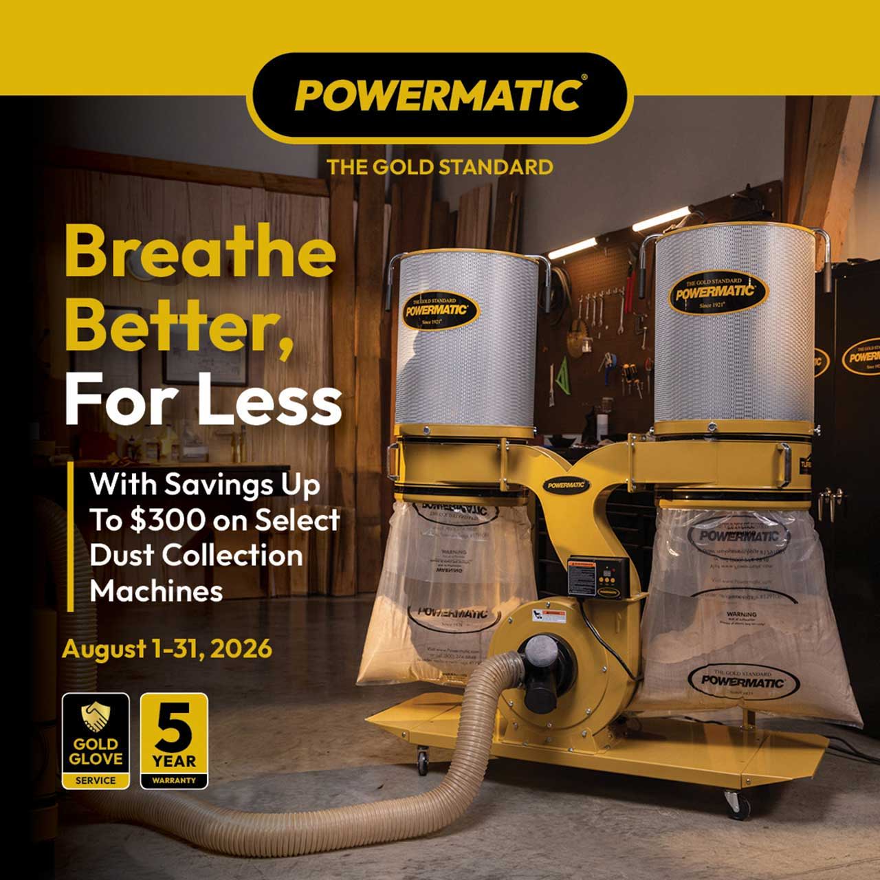 Promotional image for Powermatic dust collection machines with savings details.