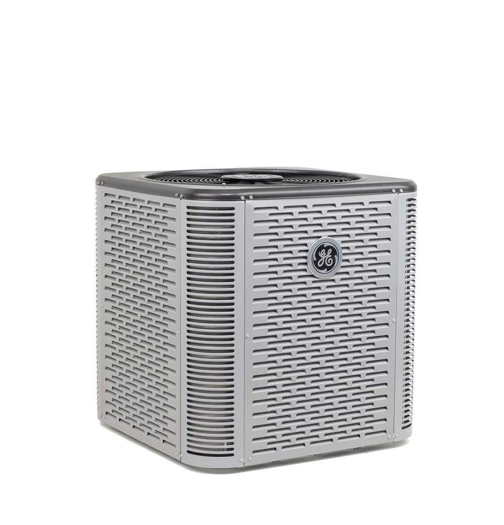 GE Appliances air conditioning unit with a textured silver exterior and top grille.