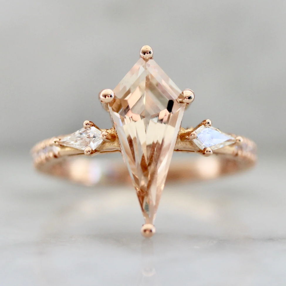 Kite cut morganite ring with kite shaped side diamonds