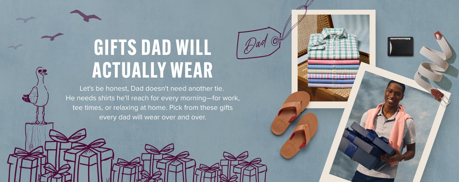 Gifts for dads, featuring clothing and accessories on a blue background.