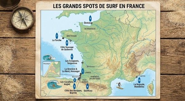 Carte des Top 10 des Spots de Surf & Plage de Surf en France