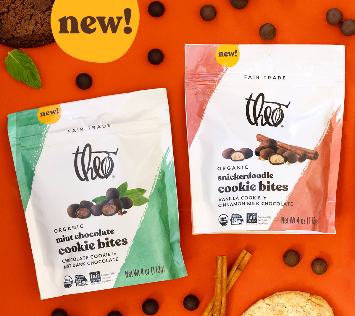 New Snickerdoodle and Mint Chocolate Cookie Bites from Theo Chocolate.