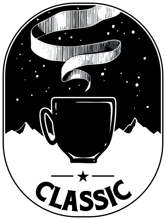 Illustration of a coffee cup with the northern lights arising like steam from the top of the cup. Denotes our Classic roasts.