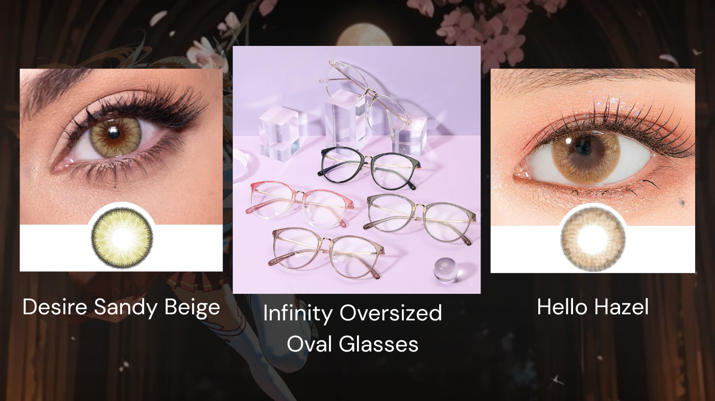 Asuna Yuuki cosplay eyes with EyeCandys Desire Sandy Beige and Hello Hazel prescription contact lenses, paired with EyeCandys Infinity oversized oval glasses for anime-inspired warm brown hazel eye look.