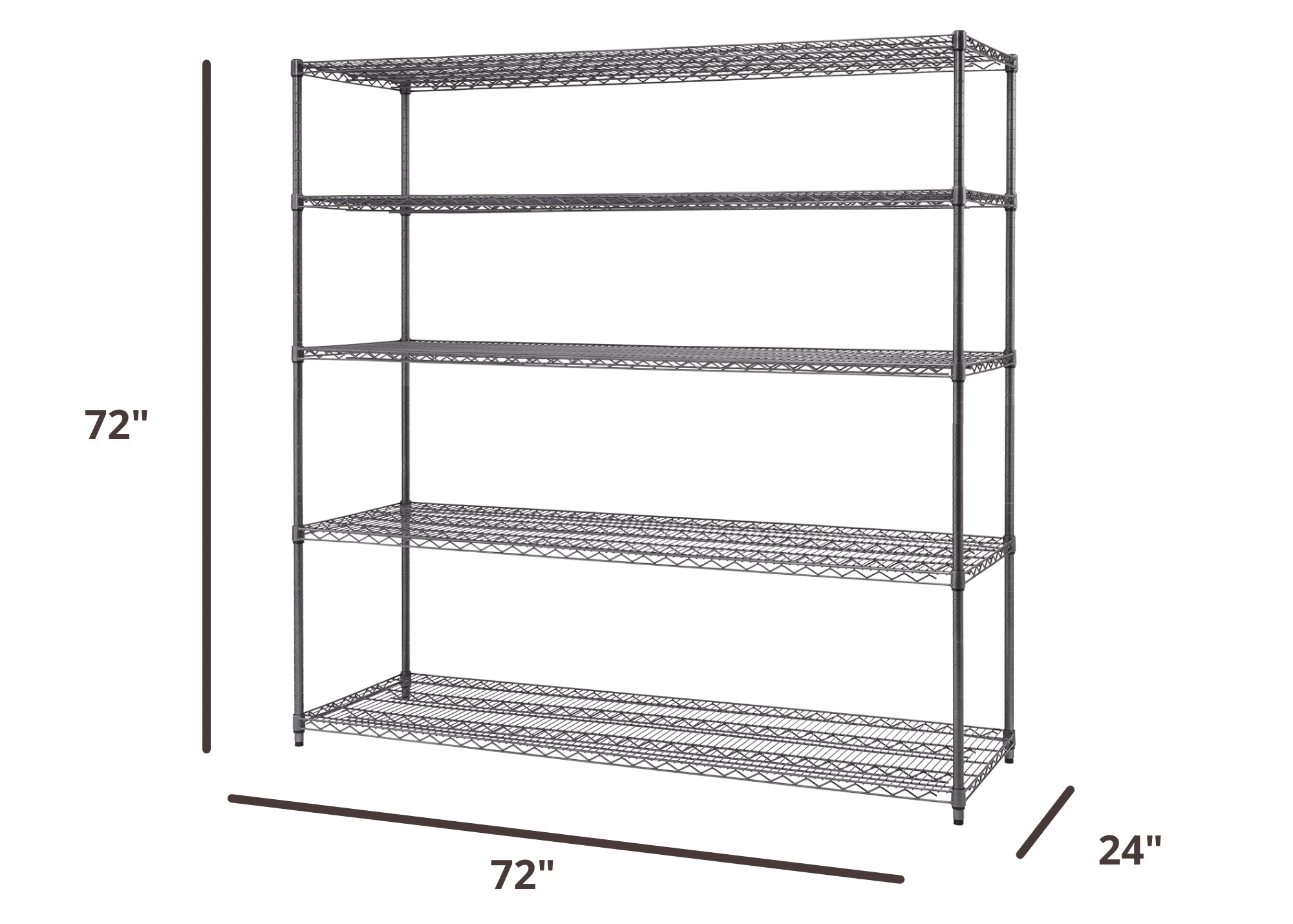 72 inches tall by 72 inches wide by 24 inches deep wire shelving rack