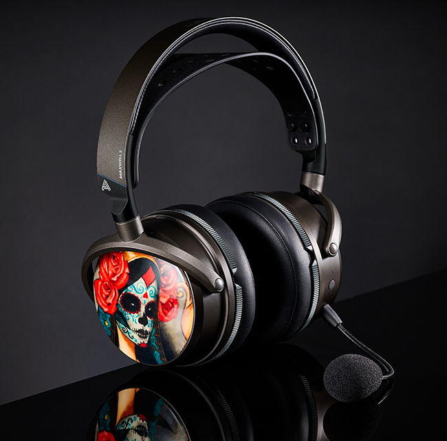 A stylish headset with a skull design and roses on the ear cups.