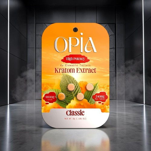 Kratom extract packaging with vibrant orange design and product details.