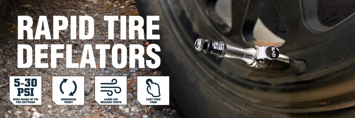 Rapid tire deflators with pressure gauge on a vehicle tire.