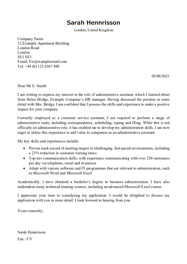 Admin Assistant Cover Letter Example, No Experience
