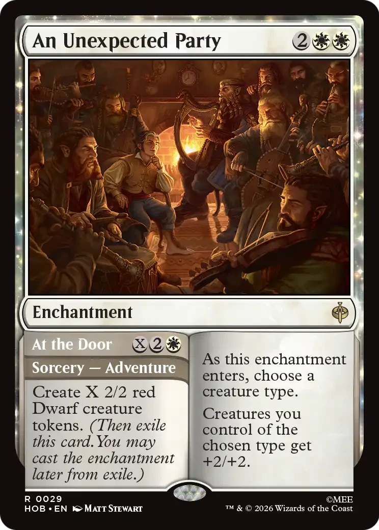 An Unexpected Party - At the Door Card depicting a fantasy party scene with various characters and enchantment details.