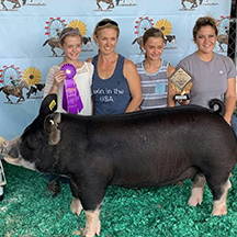 Four people posing with a large black pig, holding a purple ribbon and trophy in front of a livestock event backdrop.