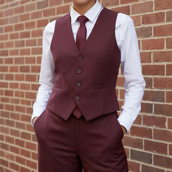 Woman wearing matching burgundy vest, tie and pants.