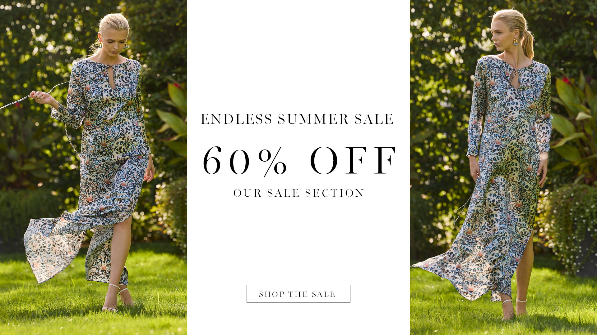 Model in floral dress promoting summer sale, 60% off.