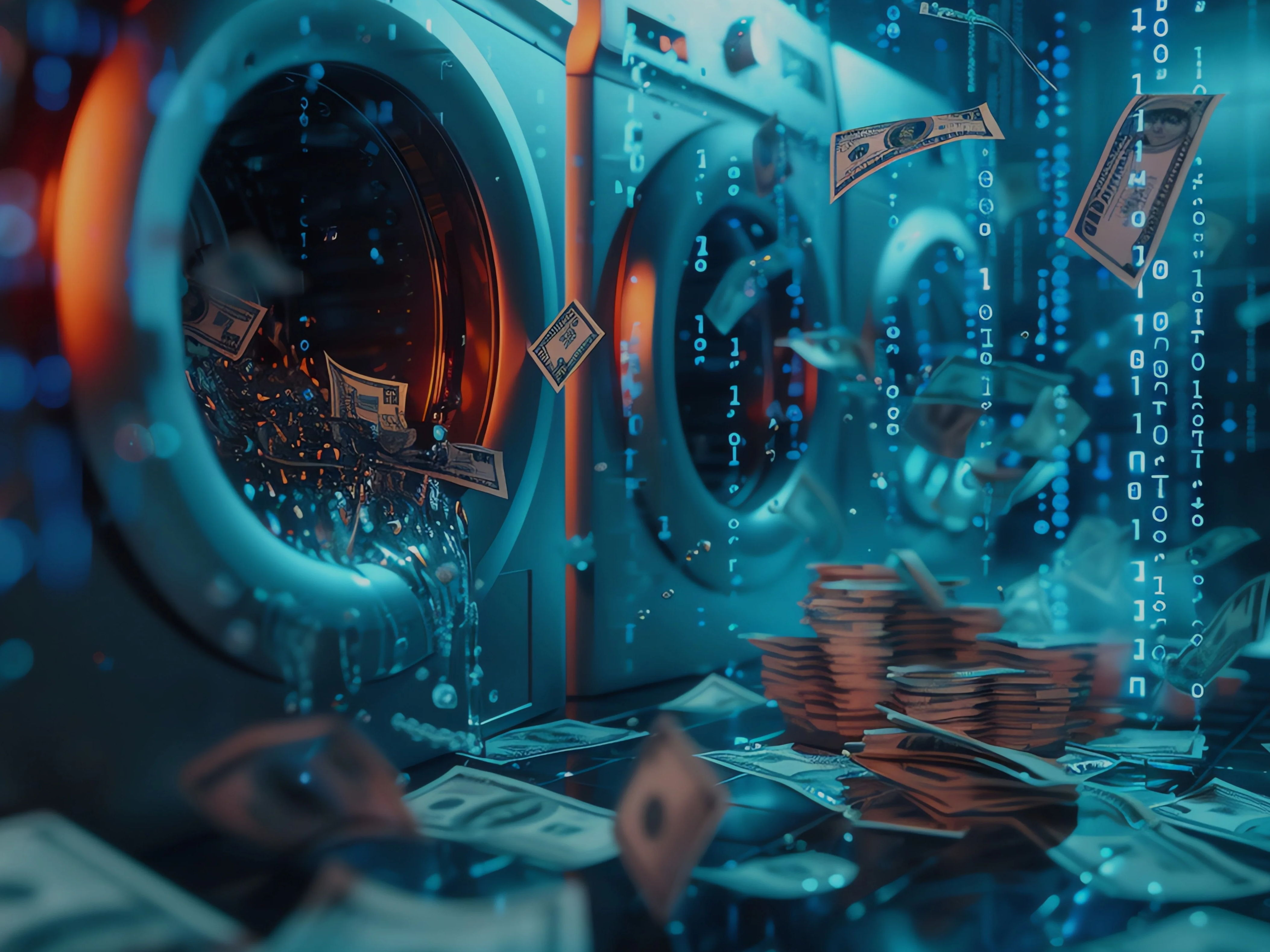 Illustration of cash being laundered through a washing machine surrounded by digital code