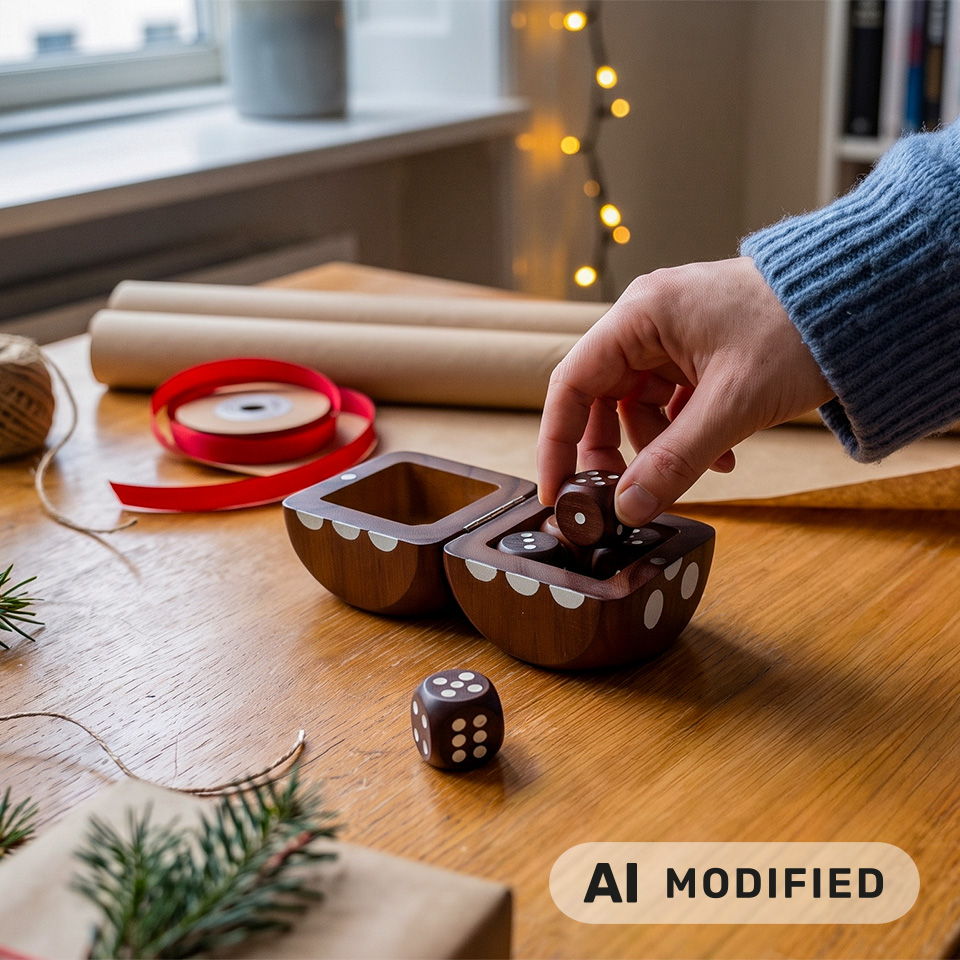 Une personne place des dés dans un bol décoratif sur une table en bois.