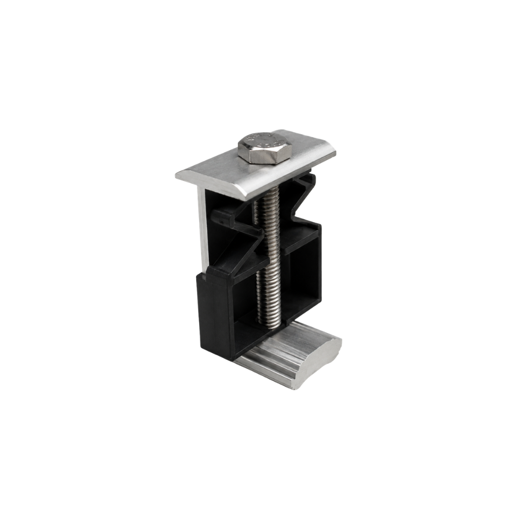 Black and silver clamp with a threaded bolt and mounting base.