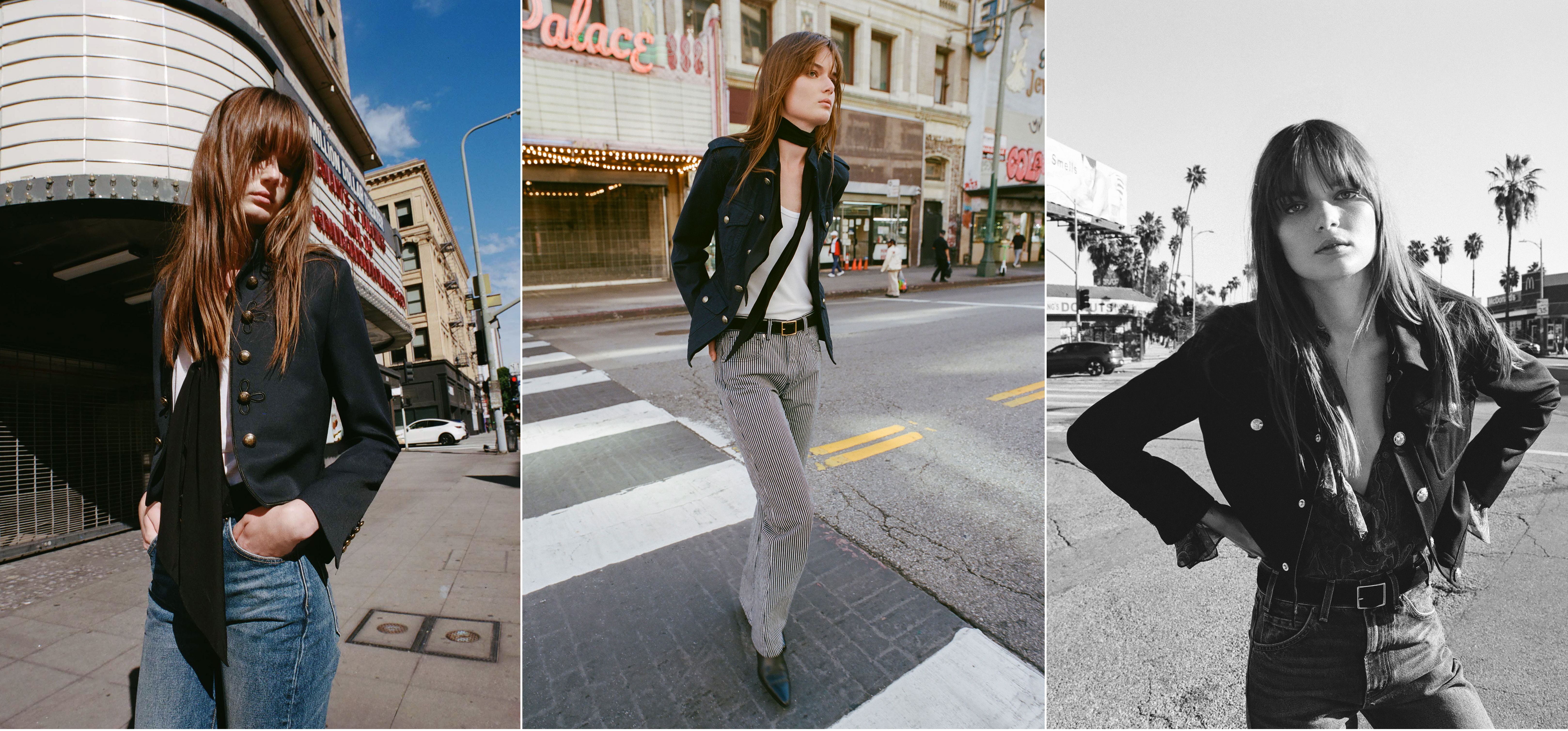 Three images of a woman in various stylish outfits.