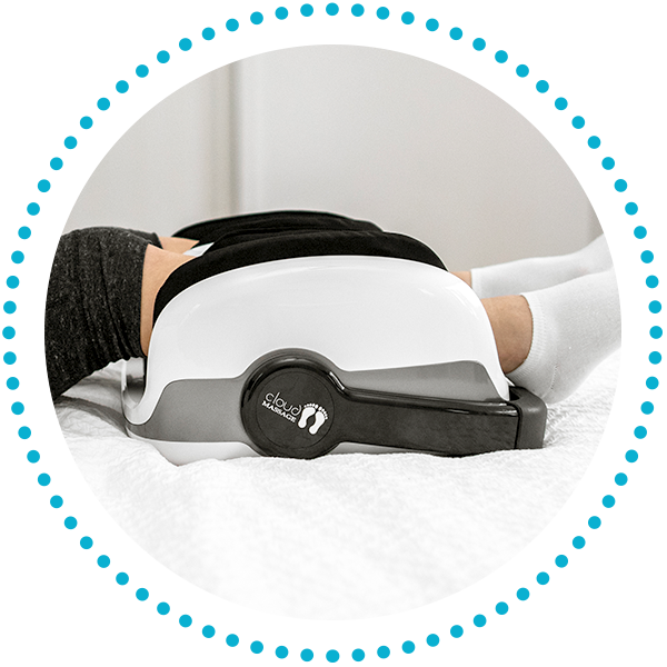 Woman lying on her bed using the Cloud Massage calf massager to help with Diabetic neuropathy and circulation