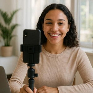 Smiling woman recording a video with a smartphone on a tripod.